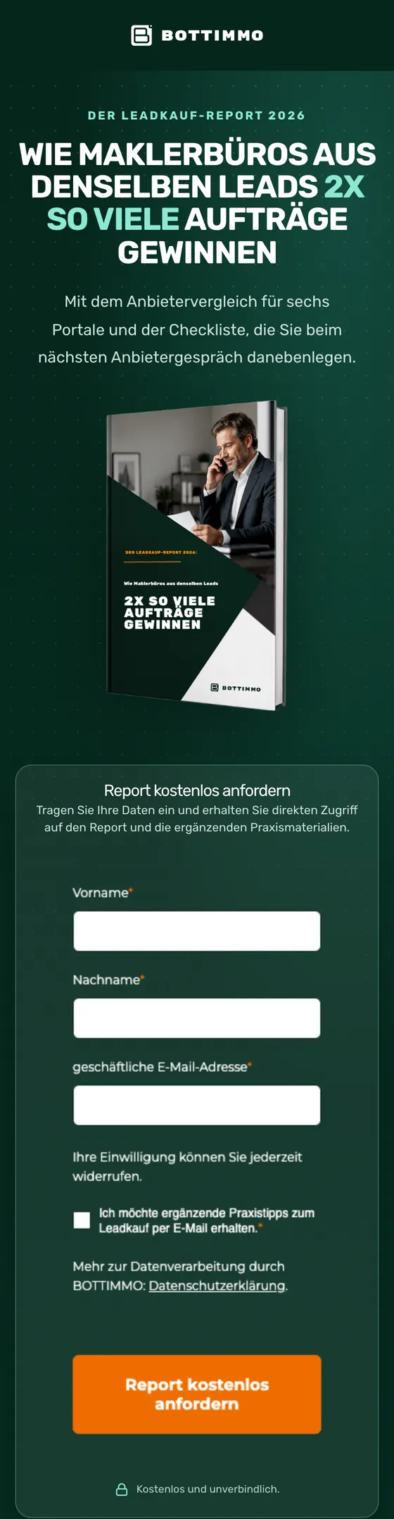 Landingpage Leadkauf-Report für BOTTIMMO, mobile Ansicht