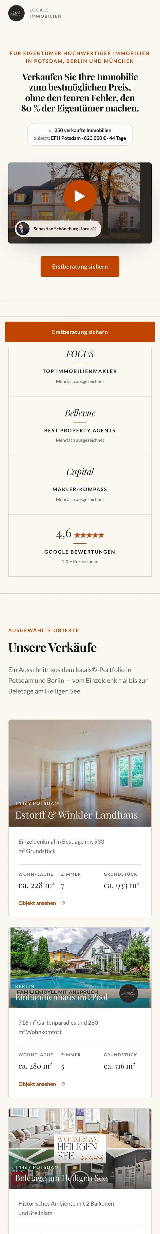 Landingpage Erstberatung für Eigentümer für locals Real Estate, mobile Ansicht