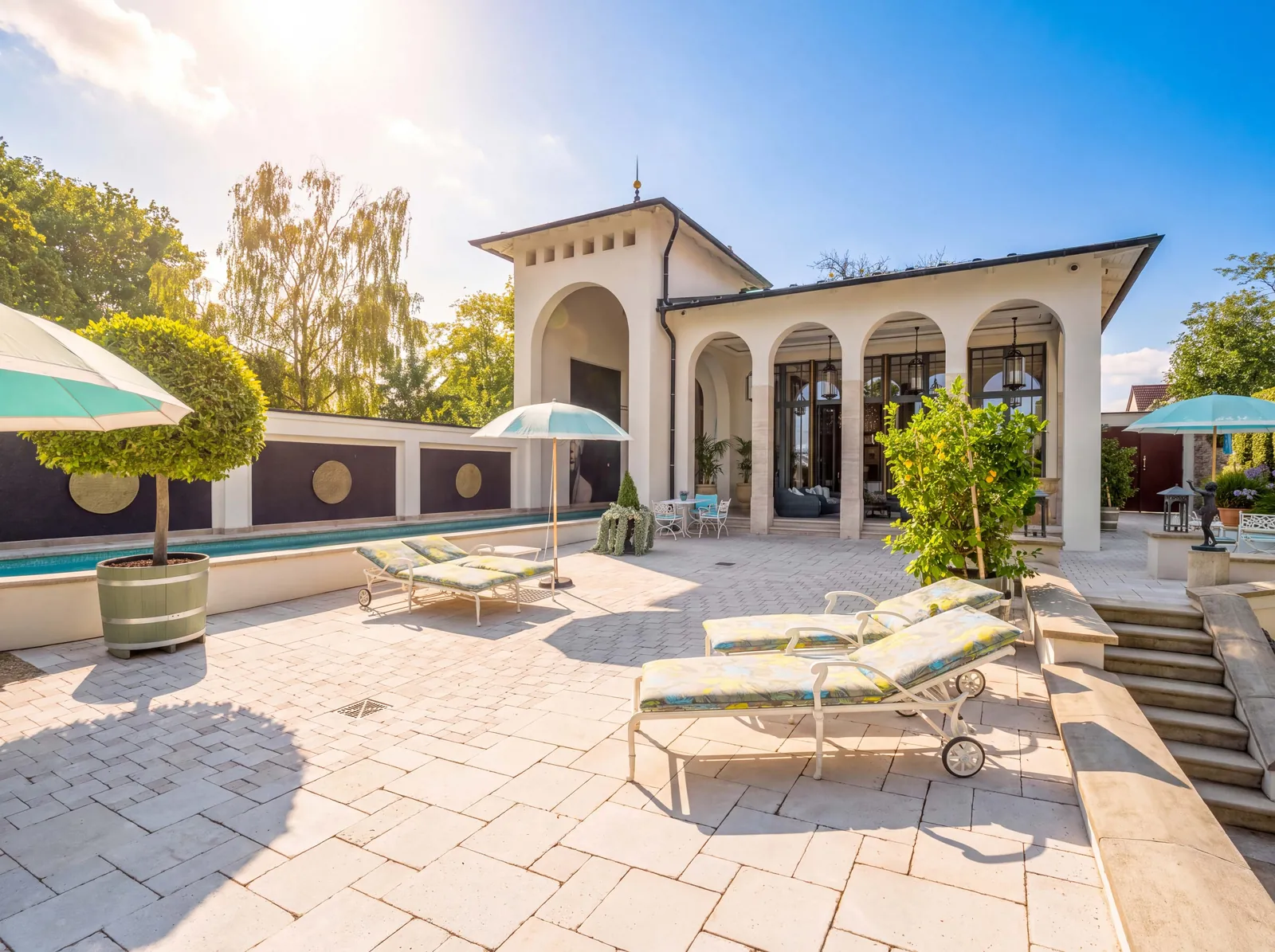 Poolhaus mit Arkaden und Pool der Villa in Caputh im Abendlicht